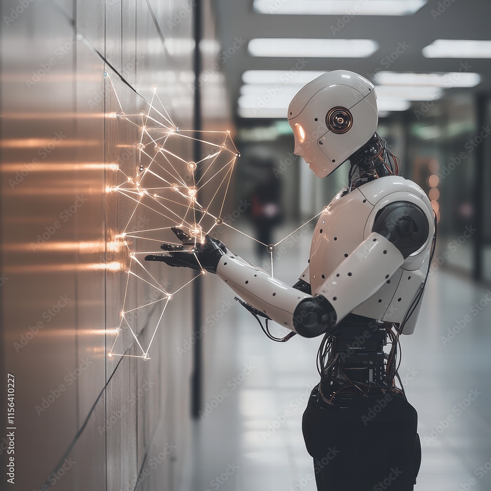 Poster robot examining digital connections in a modern technological space