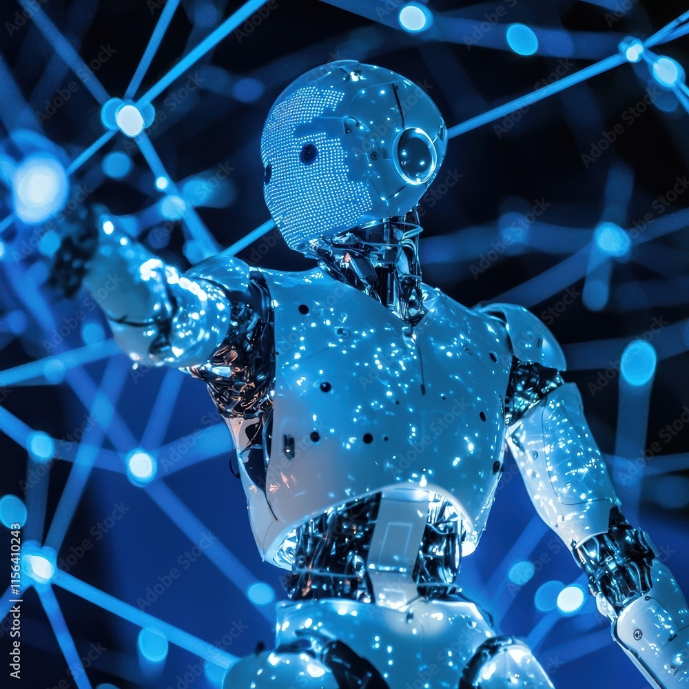 Poster futuristic humanoid robot with glowing circuits pointing towards future