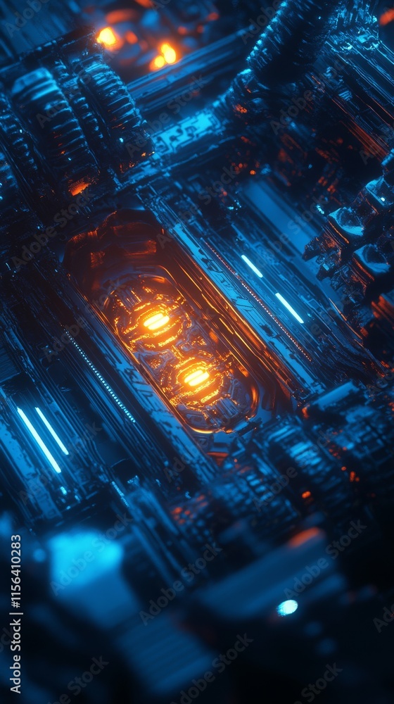 Poster a close up of a computer chip with a blue background. the chip is orange and has a unique design