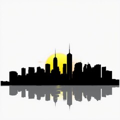Obraz premium city skyline silhouette, iconic skyscrapers, urban landscape, black and yellow color scheme, minimalist design, reflective water surface, geometric shapes, clean lines, modern architecture, dramatic c