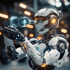 Fototapeta premium Futuristic Robot Holding a Transparent Bottle in a High-Tech Setting