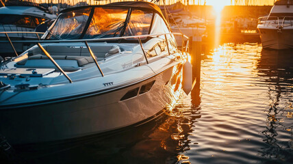 A luxurious private yacht elegantly docked in a serene marina, illuminated by a stunning sunset,...