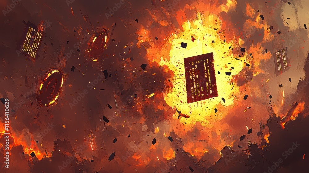 Poster explosive digital landscape with fiery background and floating text