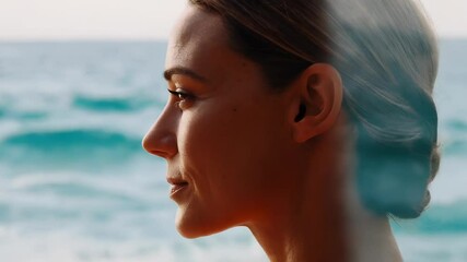 Woman gazing at ocean horizon in serene moment
