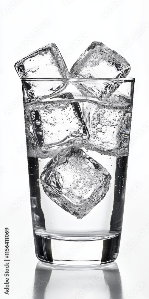 Poster a glass of water with ice cubes in it. the ice cubes are scattered throughout the glass, creating a 