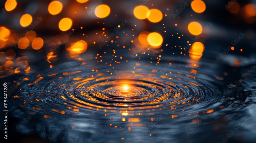 Poster a serene image of water ripples reflecting warm, glowing bokeh lights, creating a tranquil and capti