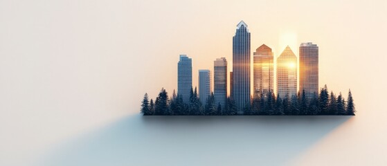 Futuristic City Skyline at Sunrise  Modern Architecture  Urban Nature Concept