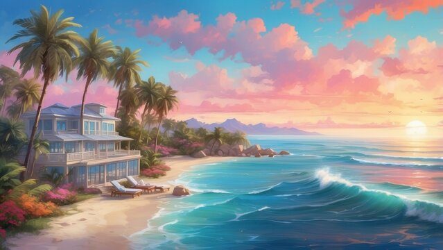 "Oceanfront escapade with breezy palms, azure waters, and vibrant sunset hues."