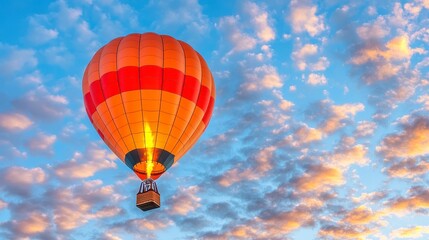 Fototapeta premium A vibrant hot air balloon floats against a backdrop of colorful clouds during a beautiful sunset.