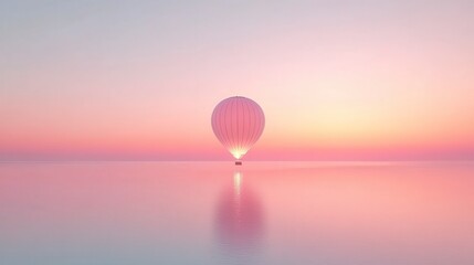 Obraz premium A serene hot air balloon floats over a calm, pastel-hued body of water at sunset, creating a tranquil and dreamy atmosphere.