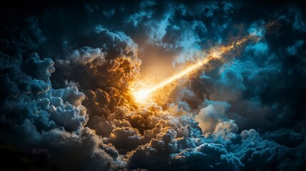 Obraz premium Radiant light pierces dark clouds over a stormy landscape digital artwork dramatic atmosphere eye-level perspective