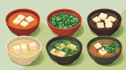 A vibrant display of four bowls of miso soup, each featuring fresh greens, silken tofu, and flavorful broth, showcasing the variety of this classic dish. Silken. Illustration