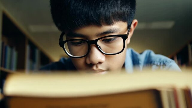 Young Asian female student with eyeglasses reading the book in a library. This student reads intently, his glasses reflecting his love for learning.