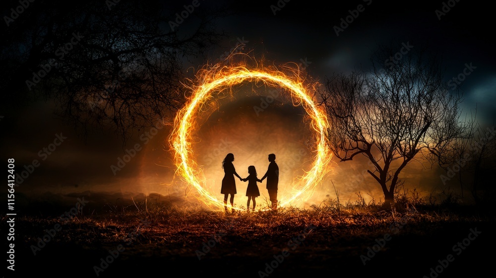 Poster Magical circle of light envelops two people in enchanted forest at dusk illuminating connection and unity