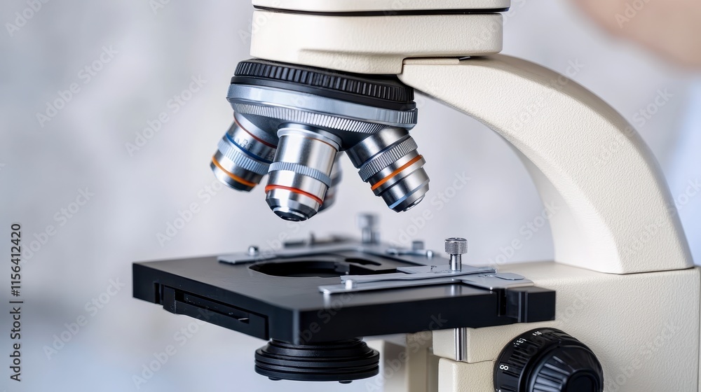 Poster a close-up view of a microscope, highlighting its objective lenses and slide holder, emphasizing its