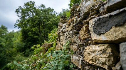 Crumbling historical wall reveals layers of time in nature's embrace close-up photography serene greenery