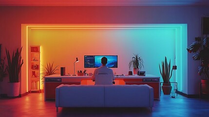 Person working at a computer in a vibrant room