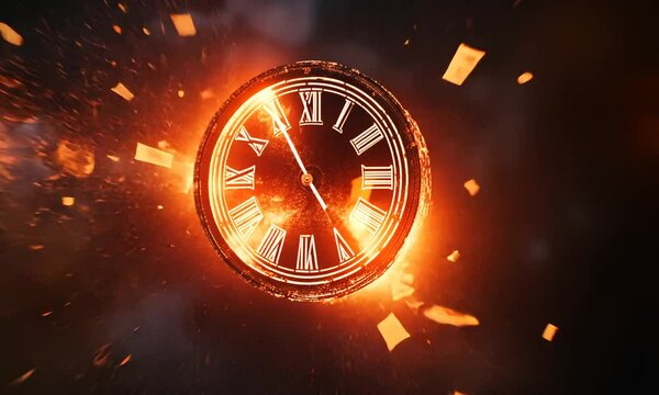 A fiery clock surrounded by exploding particles, symbolizing the passage of time and chaos.