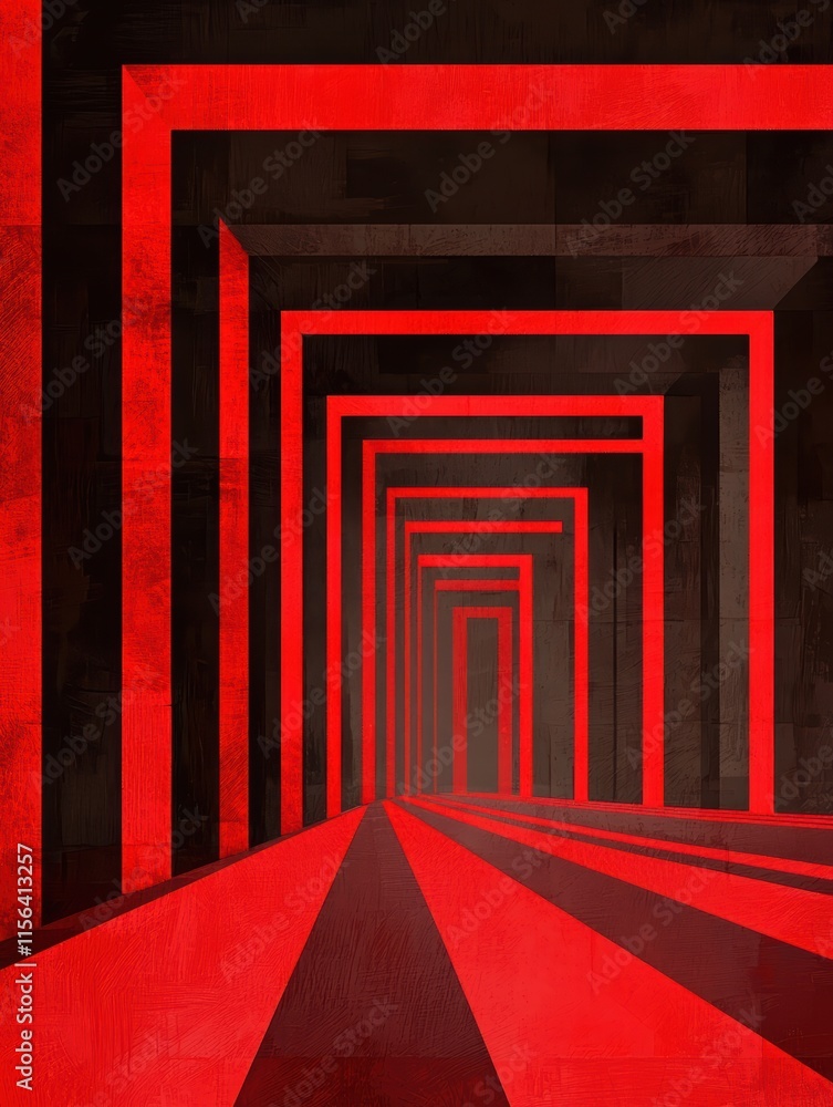 Poster abstract red geometric patterns in a dark tunnel perspective design