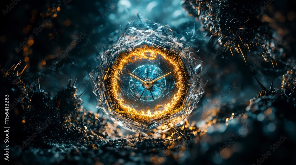 Poster futuristic clock embedded in crystal digital art sci-fi environment unique viewpoint concept of time