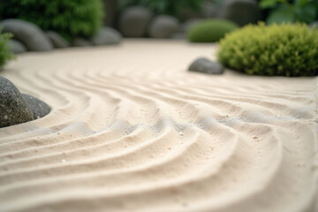 a peaceful Zen garden with intricate patterns, calm sand, and a balanced aesthetic.