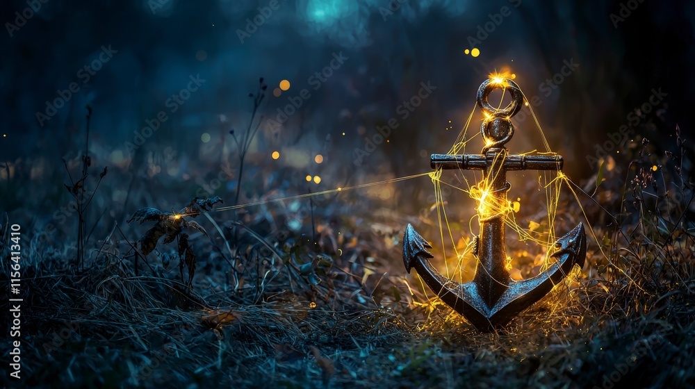 Poster ethereal anchor glowing in an enchanted field at dusk magical art nature setting mystical viewpoint