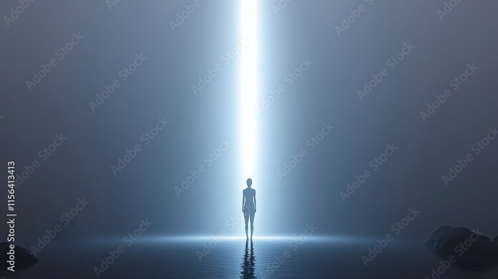 Poster a figure stands in a misty landscape, illuminated by a vertical beam of light, creating a surreal an