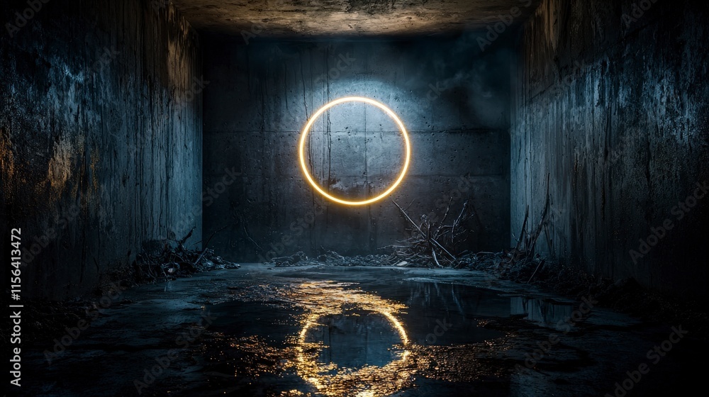Poster illuminating glowing circle of light in dark room abstract art urban environment captivating perspec