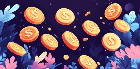 Gold coins with dollar signs falling from the sky against a dark blue background with flowers.