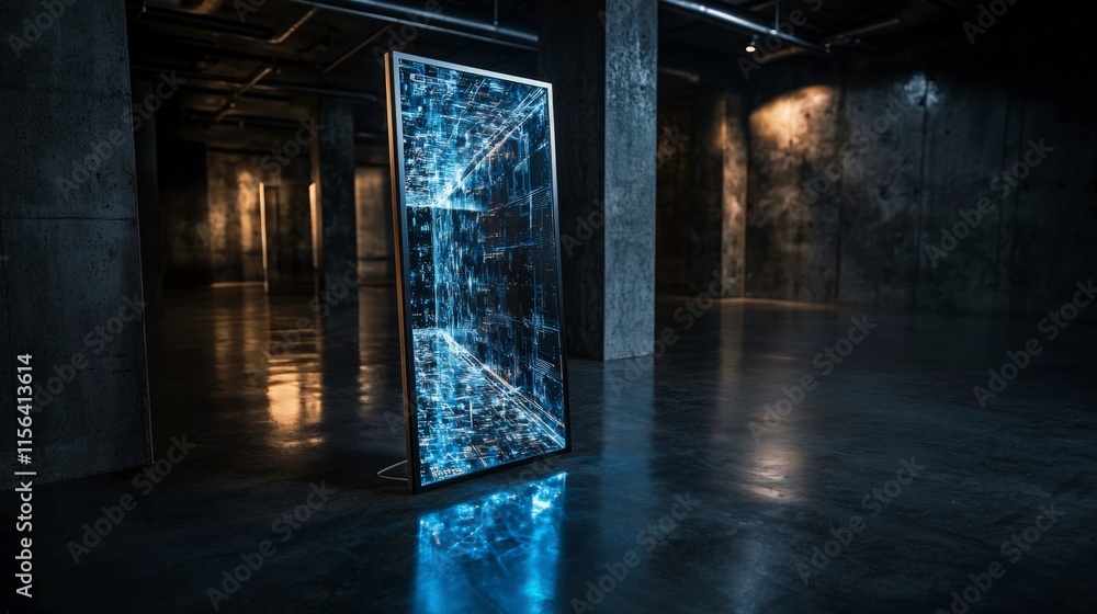 Poster glowing shifting mirror revealing endless paths in urban space digital art installation futuristic e
