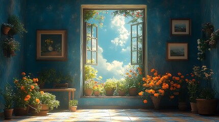 Open Window to Sunny Sky and Flowers