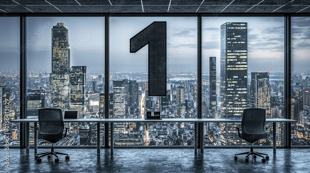 Poster Modern Office Space with City View and Large Number Display