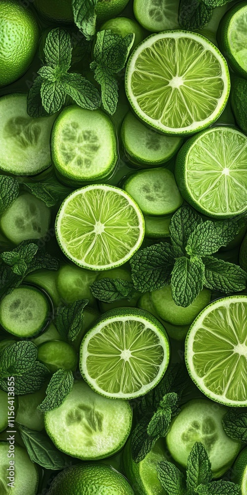 Poster a close up of green cucumbers and lime slices. the cucumbers are cut into small pieces and the lime 