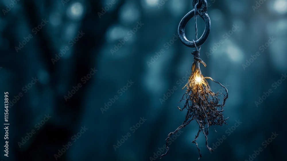 Poster delicate light bundle hangs from hook in enchanted forest surreal photography mystical atmosphere cl