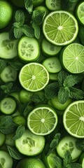A close up of green cucumbers and lime slices. The cucumbers are cut into small pieces and the lime slices are scattered throughout the image. Scene is fresh and healthy