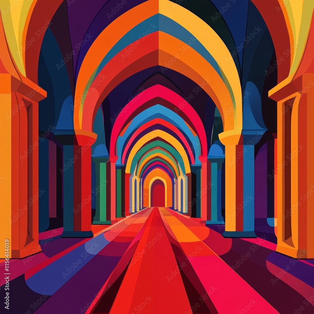 Poster a colorful archway with a red carpet leading to a room. the archway is made of many different colors