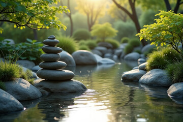 Zen garden with carefully arranged rocks and plants, radiating balance and simplicity