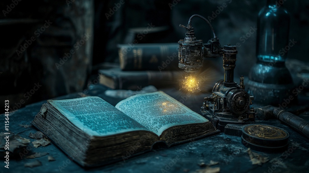 Poster Mechanical device scanning ancient books library archives digital art mysterious atmosphere close-up knowledge extraction