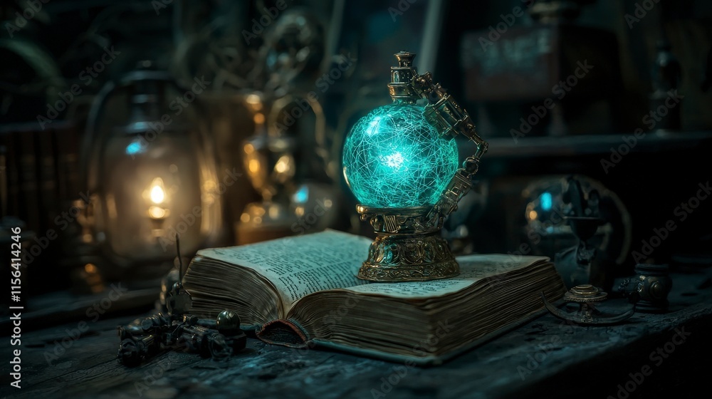 Poster Mechanical device scanning ancient books mystical library digital art enchanted environment close-up knowledge extraction