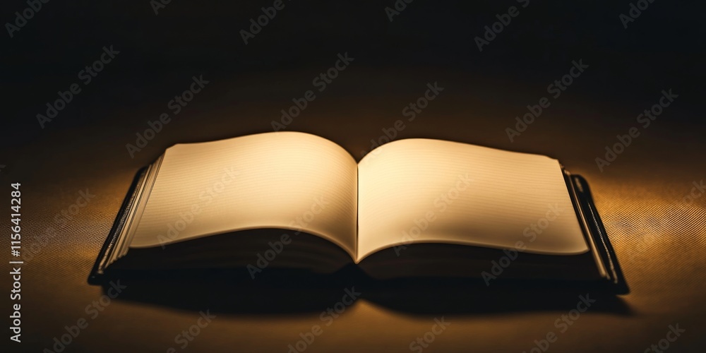 Poster a book is open to a page with a blank space. the book is on a table