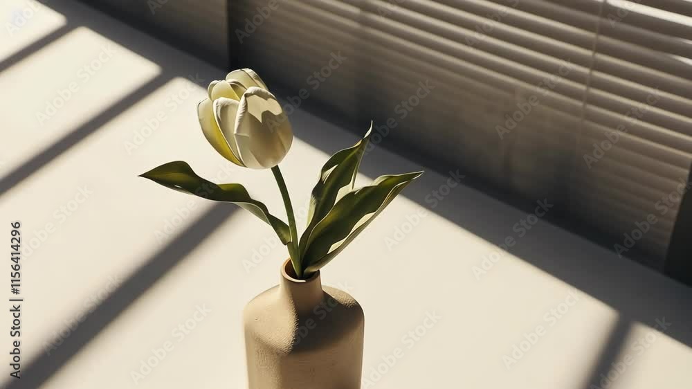 Poster fresh white tulip in a minimalist vase on a sunlit table with gentle shadows in a serene indoor sett