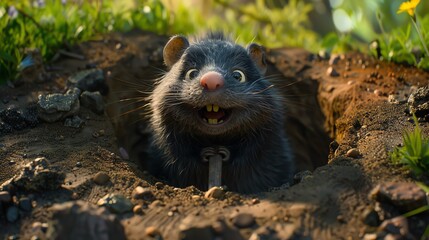 Happy rodent emerging from burrow.