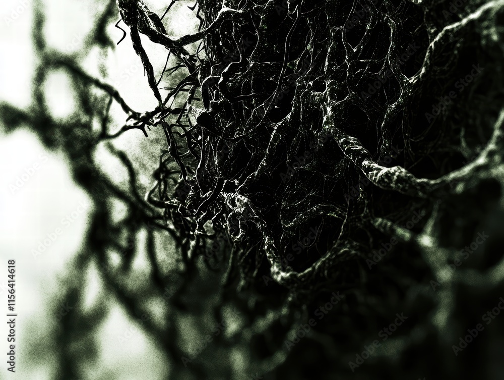 Poster intricate dark roots and twisted branches in abstract forest scene