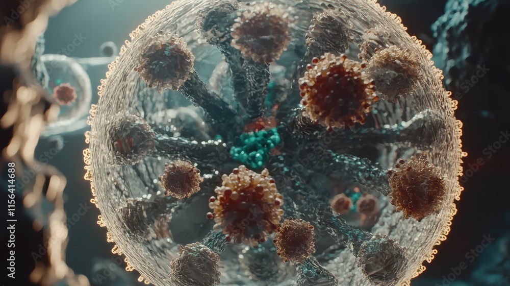 Poster intricate 3d model of virus structure with detailed visual representation