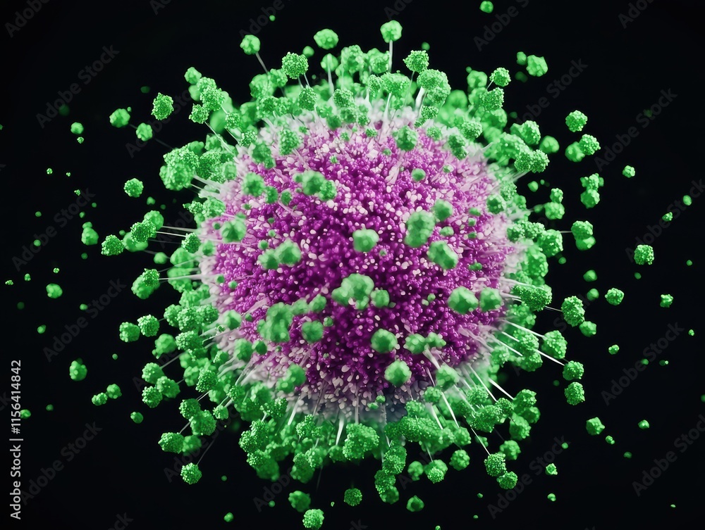 Poster close-up view of a colorful virus particle with spikes and details