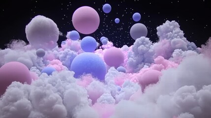 Colorful Abstract Cloudscape with Floating Spheres in a Dark Sky