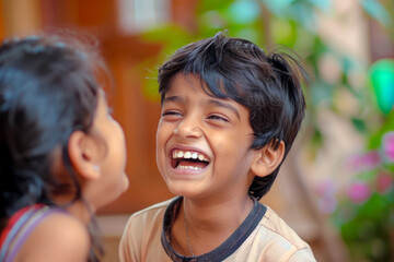 A young Indian boy plays a prank on his sister, their laughter echoing through the house as they share in the lighthearted fun and playful antics.
