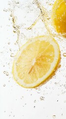 A lemon is cut in half and is floating in a glass of water. The water is splashing around the lemon