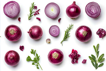 Set of red onions isolated on a white background with a clipping path, top view