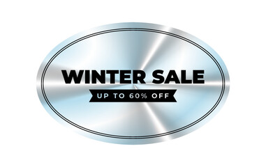 Holographic oval sticker. Winter sale up to 60 off. Geometric hologram label, iridescent foil, adhesive film. Colored tag, rainbow shiny emblem. Isolated Neon vector illustration